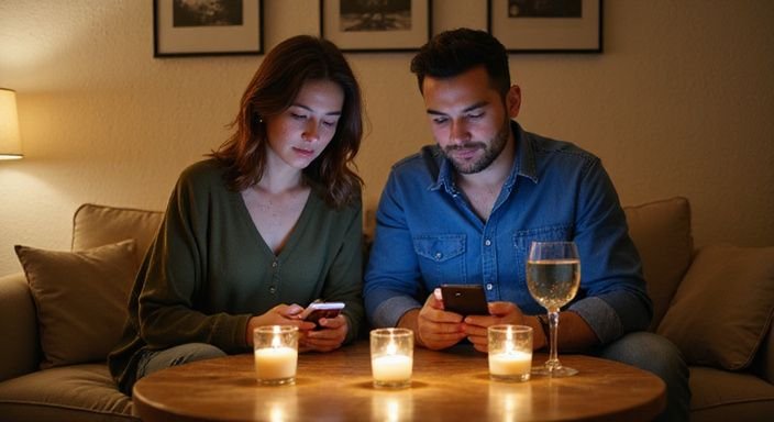 Ein Paar sitzt entspannt auf einem Sofa und betrachtet seine Smartphones