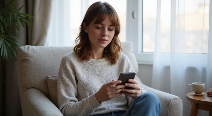 Eine Frau in einem bequemen Stuhl beschäftigt sich mit ihrem Smartphone