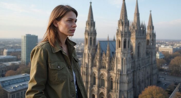 Eine Frau schaut nachdenklich auf die Kölner Skyline