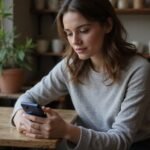 Sexkontakte Nordrhein Westfalen: Frauen suchen diskrete Abenteuer und erotische Treffen Eine Frau sitzt konzentriert mit einem Smartphone in einem gemütlichen Café
