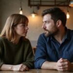 Eine Frau und ein Mann sitzen vertraulich in einem gemütlichen Café