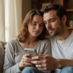 Ein Paar sitzt entspannt auf einer Couch und betrachtet ein Smartphone