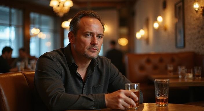 Ein nachdenklicher Mann sitzt allein an einem Tisch in einer Bar und wollen sexkontakt in Hannover.