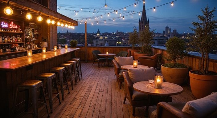 Gemütliche Dachterrasse in Hannover mit vintage Beleuchtung und Stadtansicht.