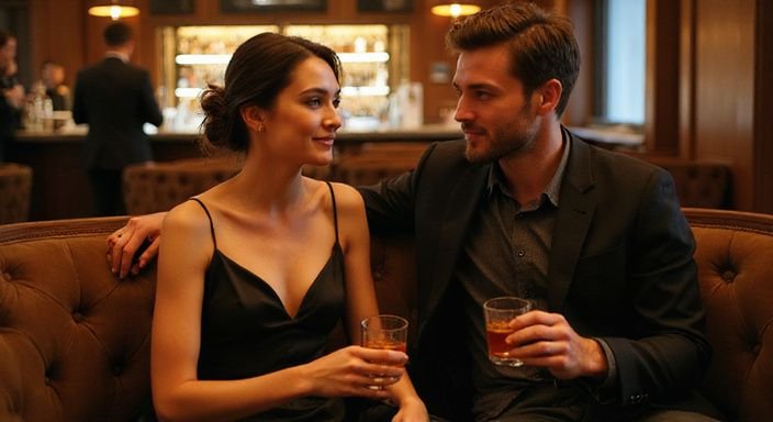 Ein Paar in eleganter Kleidung genießt ein Gespräch über in einer Cocktailbar.