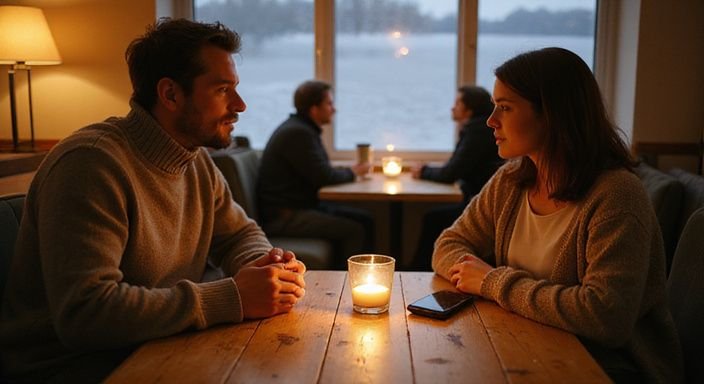 Zwei Erwachsene in einem Café, vertieft in nachdenkliche Gespräche über sexkontakt in Hannover.