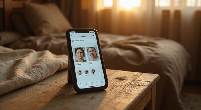 Ein Handy auf einem rustikalen Nachttisch zeigt ein Dating-App-Profil für sexkontakt in Nürnberg.