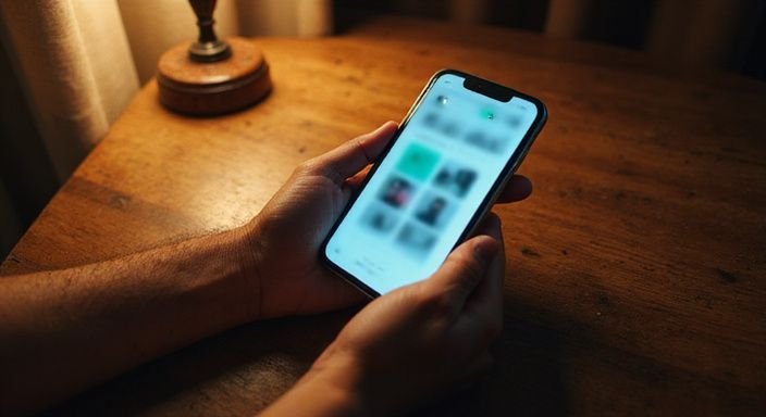 Eine ältere Hand hält ein Smartphone mit einer Dating-App. Eine ältere Hand hält ein Smartphone mit einer Dating-App für Diskrete Affären.