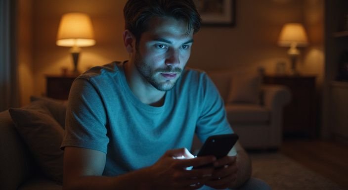 Ein Mann sitzt alleine und konzentriert auf sein Smartphone. Ein Mann sitzt alleine und konzentriert auf sein Smartphone.