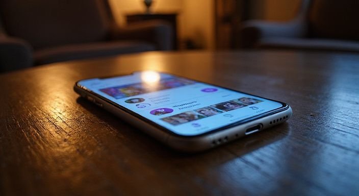 Ein Smartphone zeigt echte Profile in einer Dating-App auf einem Tisch. Ein Smartphone zeigt echte Profile in einer Dating-App für Diskrete Affären auf einem Tisch.