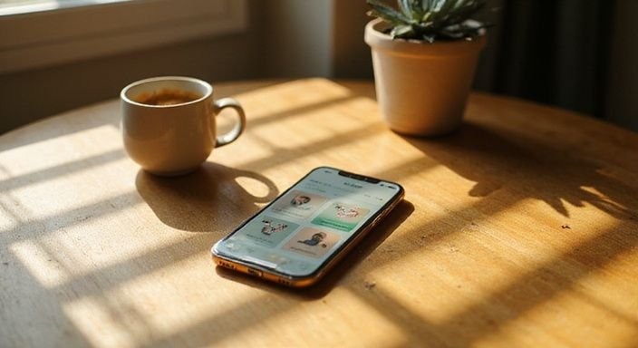 Ein Smartphone auf einem Holztablett mit einer Kaffeetasse und einem Sukkulenten. Ein Smartphone auf einem Holztablett mit einer Kaffeetasse und einem Sukkulenten.