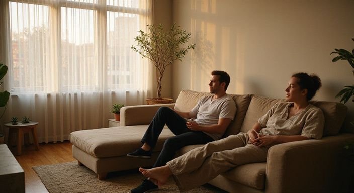 Zwei Erwachsene entspannen in einem modernen, einladenden Wohnraum. Zwei Erwachsene entspannen in einem modernen, einladenden Wohnraum.