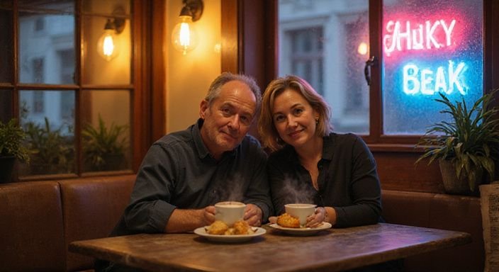 Ein Paar genießt Kaffee und Gebäck in einem traditionellen Café. Ein Paar genießt Kaffee und Gebäck in einem traditionellen Café.