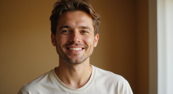 Eine entspannte Person mit natürlichem Lächeln und authentischem Aussehen. Eine entspannte Person mit natürlichem Lächeln und authentischem Aussehen.