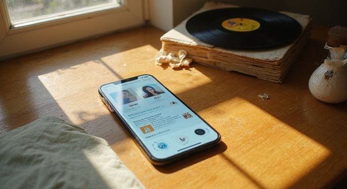 Ein Smartphone auf einem Holztisch neben vintage Schallplatten und Büchern. Ein Smartphone auf einem Holztisch neben vintage Schallplatten und Büchern.