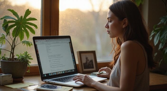 Eine junge Frau arbeitet konzentriert an ihrem Laptop an einem Schreibtisch. Eine junge Frau arbeitet konzentriert an ihrem Laptop an einem Schreibtisch und geht ein gutes Sex-Dating-Profil schreiben.