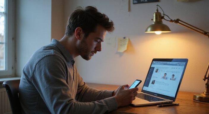 Ein junger Mann konzentriert sich auf Dating-Profile am Schreibtisch. Ein junger Mann konzentriert sich auf Dating-Profile am Schreibtisch und wollen ein gutes Sex-Dating-Profil schreiben.