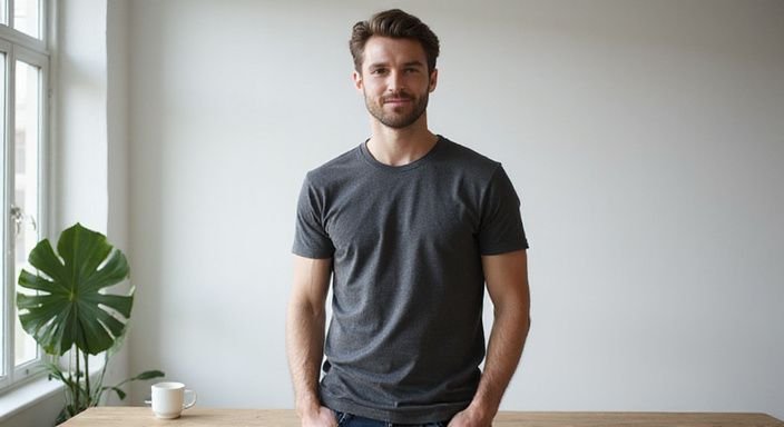 Ein junger Mann posiert entspannt in einer modernen Wohnung. Ein junger Mann posiert entspannt in einer modernen Wohnung.