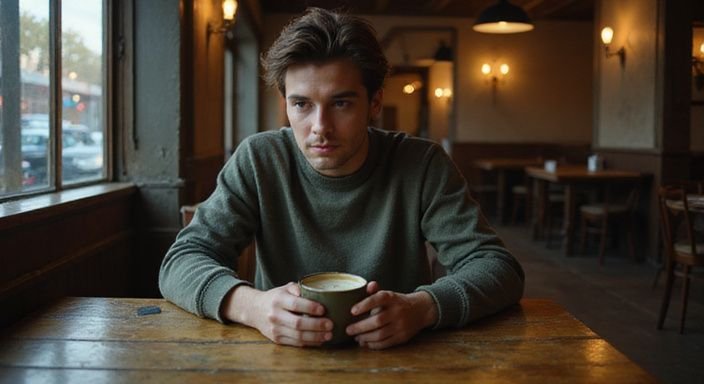 Eine alleine sitzende Person genießt einen Kaffee und schaut nachdenklich auf ihr Smartphone. Eine alleine sitzende Person genießt einen Kaffee und wollen erotischer Kontakt mit älteren Frauen.