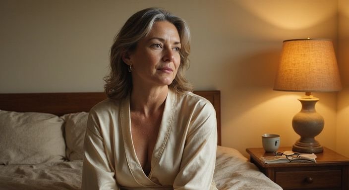 Eine nachdenkliche Frau in einem Seidenmorgenmantel sitzt auf dem Bett. Eine nachdenkliche Frau in einem Seidenmorgenmantel sitzt auf dem Bett.