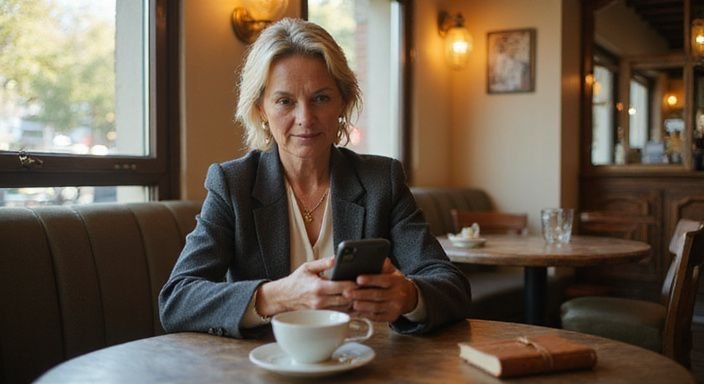 Eine Frau in den Sechzigern sitzt nachdenklich alleine in einem Café. Eine Frau in den Sechzigern sitzt nachdenklich alleine in einem Café.