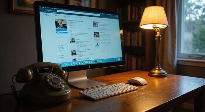 Ein Schreibtisch mit Computer, Vintage-Telefon und offenen Browserfenstern. Ein Schreibtisch mit Computer, Vintage-Telefon und offenen Browserfenstern.
