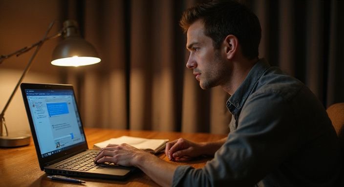 Eine konzentrierte Person arbeitet an einem Laptop an einem Schreibtisch. Eine konzentrierte Person arbeitet an einem Laptop und suche erotischer Kontakt mit älteren Frauen.
