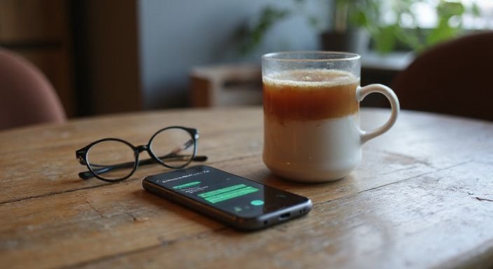 Ein Smartphone auf einem Tisch neben Lesebrille und Teetasse. Ein Smartphone auf einem Tisch neben Lesebrille und Teetasse.