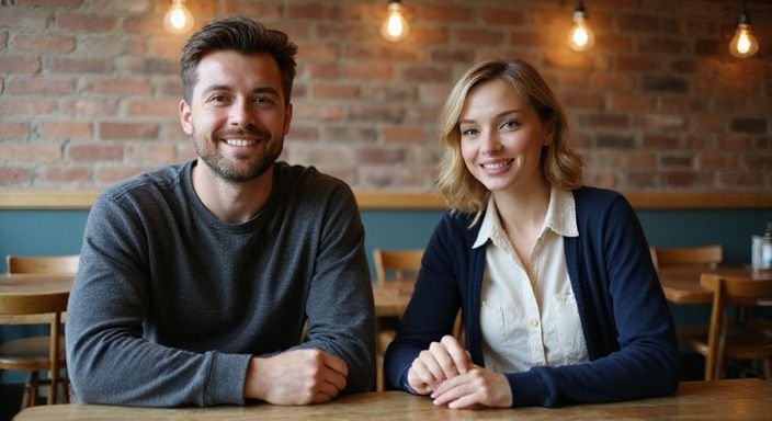 Zwei Erwachsene lachen und unterhalten sich an einem Holztisch. Zwei Erwachsene lachen und unterhalten sich an einem Holztisch.