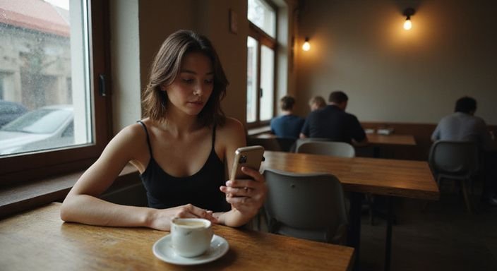 Eine nachdenkliche Frau betrachtet eine Dating-App in einem Café. Eine nachdenkliche Frau betrachtet eine Dating-App in einem Café.