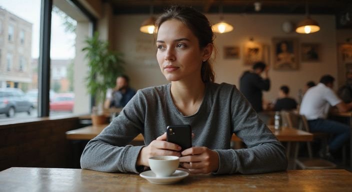Eine Frau sitzt allein in einem Café und trinkt Espresso. Eine Frau sitzt allein in einem Café und trinkt Espresso.