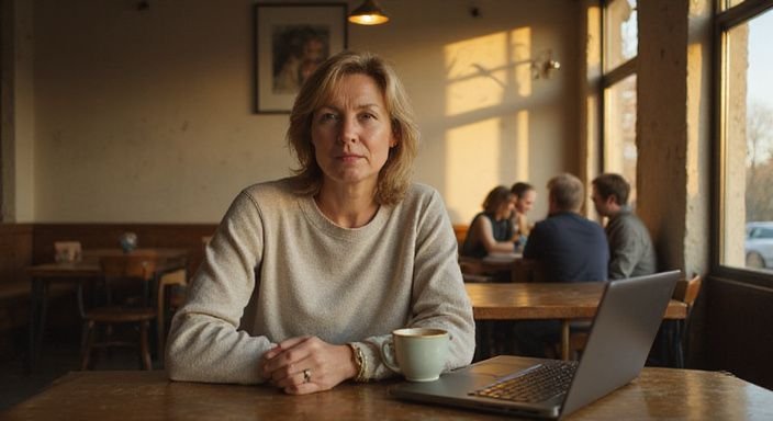 Eine Frau in einem Café mit nachdenklichem Ausdruck beim Arbeiten. Eine Frau in einem Café mit nachdenklichem Ausdruck beim Arbeiten.