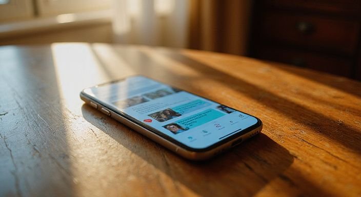 Ein Smartphone zeigt eine Dating-App auf einem Holztisch. Ein Smartphone zeigt eine Dating-App für geheimer Sexkontakt auf einem Holztisch.