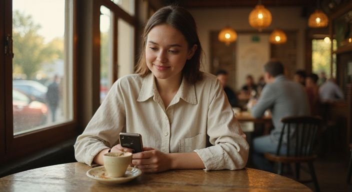 Eine nachdenkliche Frau sitzt alleine an einem Tisch in einem Café. Eine nachdenkliche Frau sitzt alleine an einem Tisch in einem Café und suche nach geheimer Sexkontakt.