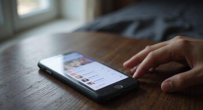 Ein Smartphone zeigt eine Dating-App auf einem Holzschreibtisch. Ein Smartphone zeigt eine Dating-App für geheimer Sexkontakt auf einem Holzschreibtisch.