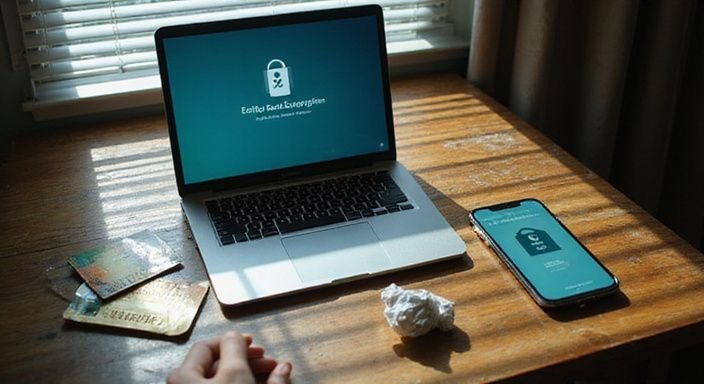 Ein MacBook Pro mit Signal-Oberfläche und persönlichen Gegenständen auf einem Tisch. Ein MacBook Pro mit Signal-Oberfläche und persönlichen Gegenständen auf einem Tisch.