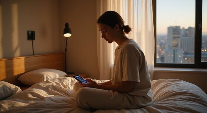 Eine nachdenkliche Frau sitzt auf dem Bett und betrachtet ihr Smartphone. Eine nachdenkliche Frau sitzt auf dem Bett und betrachtet ihr Smartphone.
