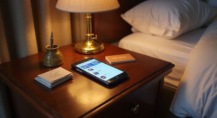 Ein Smartphone liegt auf einem Nachtisch neben Glühlampe und Schreibwaren. Ein Smartphone liegt auf einem Nachtisch neben Glühlampe und Schreibwaren.