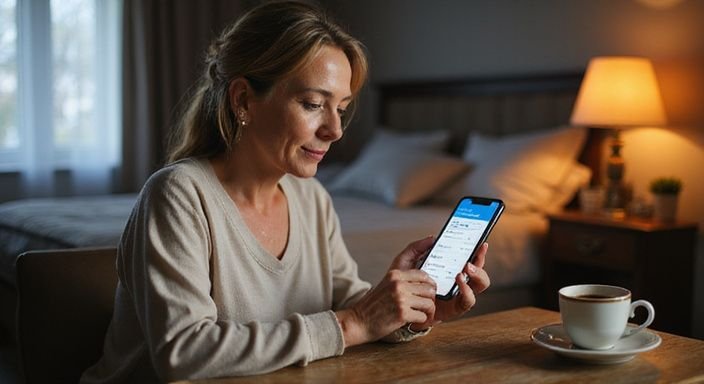 Eine Frau um die 40, entspannt und hoffnungsvoll beim Dating-App-Stöbern. Eine Frau um die 40, entspannt und hoffnungsvoll beim Dating-App-Stöbern.
