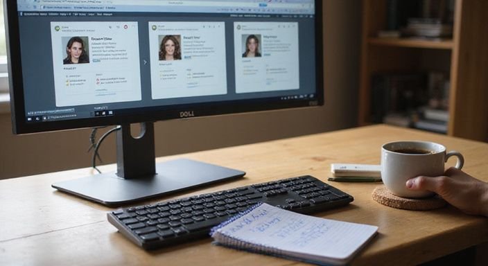 Ein Arbeitsplatz mit einem Monitor, Notizen und einer Kaffeetasse. Ein Arbeitsplatz mit einem Monitor, Notizen und einer Kaffeetasse.