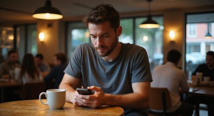 Ein nachdenklicher Mann sitzt alleine in einem Café und schaut auf sein Smartphone. Ein nachdenklicher Mann sitzt alleine in einem Café und schaut auf sein Smartphone.