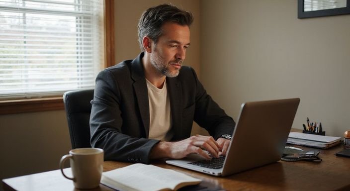 Ein nachdenklicher Mann in einem gemütlichen Heimbüro bei der Arbeit. Ein nachdenklicher Mann in einem gemütlichen Heimbüro suche nach reife cougars Sexdates.