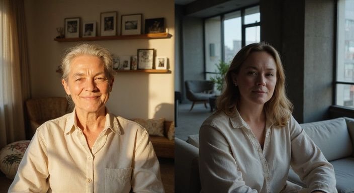 Zwei Frauen unterschiedlichen Alters in authentischen Innenräumen, entspannt und echt. Zwei Frauen unterschiedlichen Alters in authentischen Innenräumen, entspannt und echt.