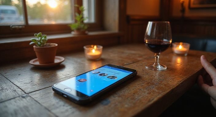Ein Smartphone zeigt ein Dating-App-Interface auf einem Holztisch. Ein Smartphone zeigt ein Dating-App-Interface auf einem Holztisch.