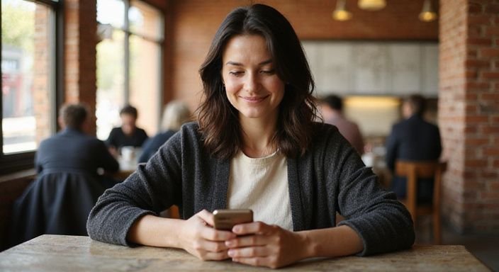 Eine Frau in einem Café mit einem Smartphone in der Hand. Eine Frau in einem Café mit einem Smartphone in der Hand.