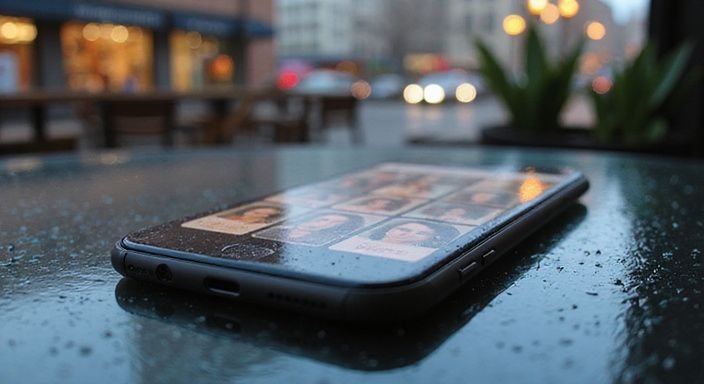 Ein Smartphone zeigt ein Dating-App-Profil auf einem Glastisch. Ein Smartphone zeigt ein Dating-App-Profil für reife cougars Sexdates auf einem Glastisch.
