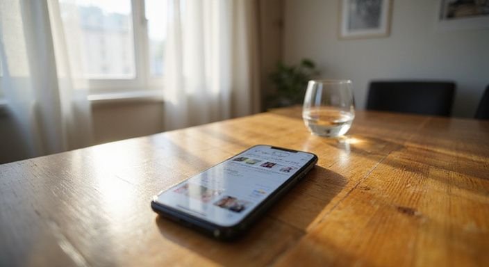 Ein Smartphone zeigt eine Dating-App auf einem Holztablett. Ein Smartphone zeigt eine Dating-App für reife cougars Sexdates auf einem Holztablett.
