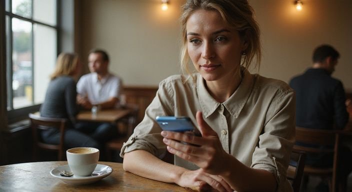 Eine nachdenkliche Frau in einem Café betrachtet ein Dating-Profil. Eine nachdenkliche Frau in einem Café betrachtet ein Dating-Profil für reife cougars Sexdates.