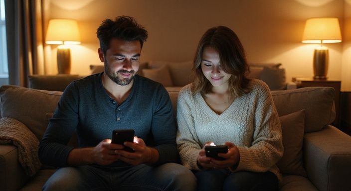 Zwei Erwachsene entspannt auf Sofa, Smartphones betrachtend und lächelnd.