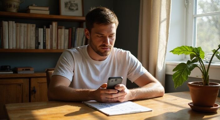 Eine Person studiert nachdenklich Informationen auf ihrem Smartphone.